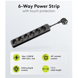 REGLETA 6 TOMAS SCHUKO SIN INTERRUPTOR NEGRA 1.5m
