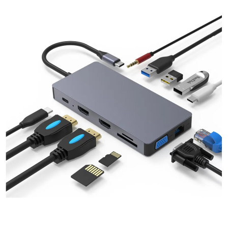 DOCK USB-C 3.1 (M) - MULTIPUERTO 2HDMI+VGA 12 EN 1