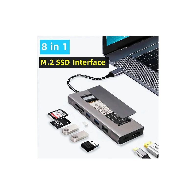 DOCK USB-C 3.1 (M) - MULTIPUERTO 8 EN 1 M2+3USB+PD